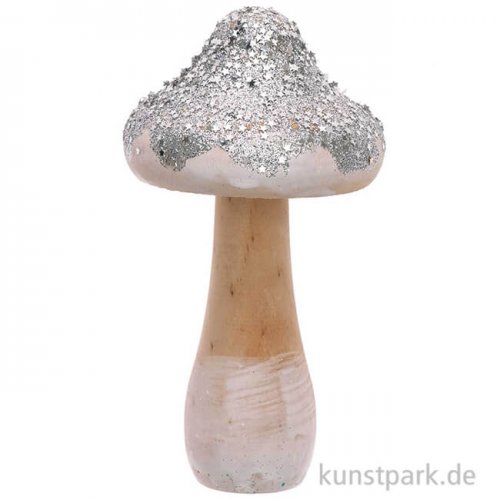Großer Pilz aus Holz mit Silber-Glitter, Größe 7x14 cm
