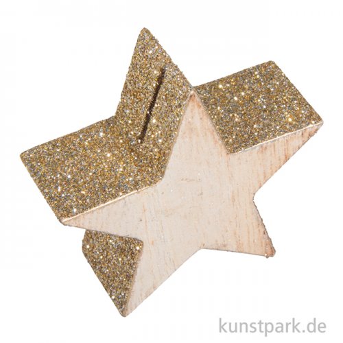 Holz Stern Kartenhalter mit Glitter - 5,5 cm Durchmesser, 4 Stück