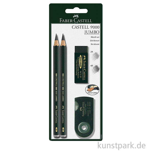 Faber-Castell 9000 Jumbo, 2 Bleistifte mit Anspitzer und Radierer