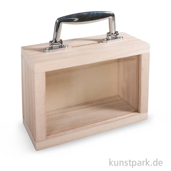 Koffer aus Holz mit Sichtfenster und silbernem Griff