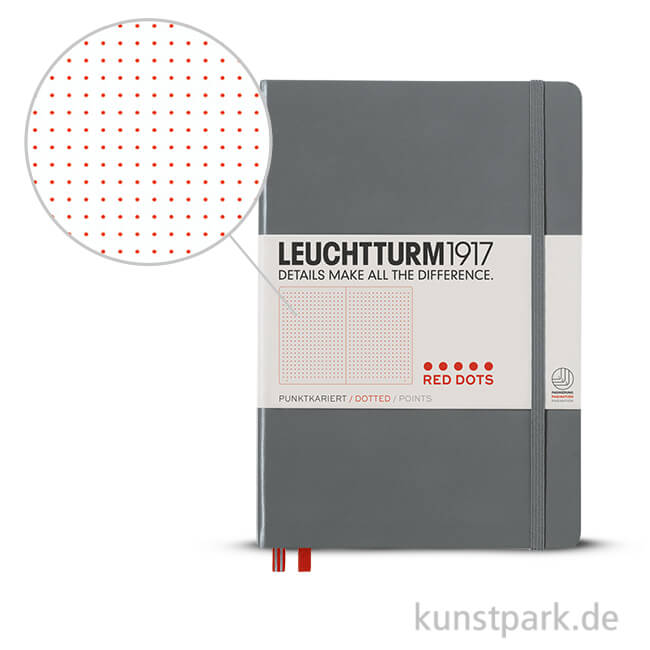 Leuchtturm Notizbuch Hardcover - Grey - Red Dotted, Medium A5, 249 Seiten