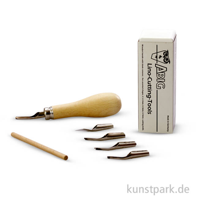 Linolschnitzwerkzeug, 5 Messer und Holzgriff im Kästchen