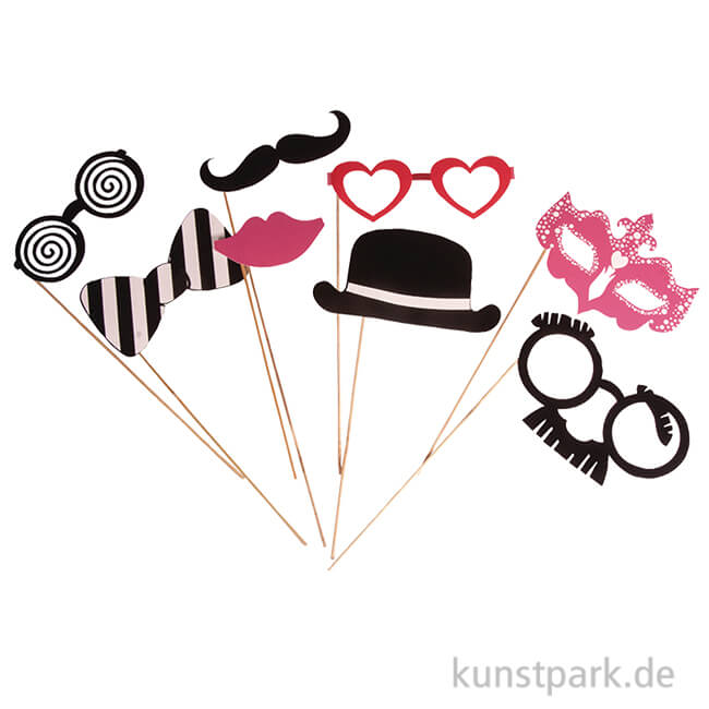 Party Masken mit Holzstab - Pink-Schwarz, 8 Stück sortiert