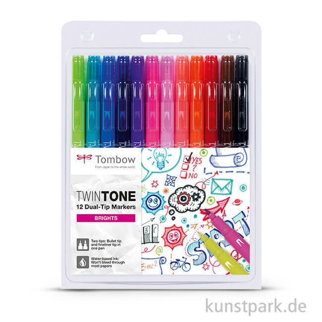 Tombow Doppelfasermaler TwinTone, 12 Stifte Set - Leuchtende Farben