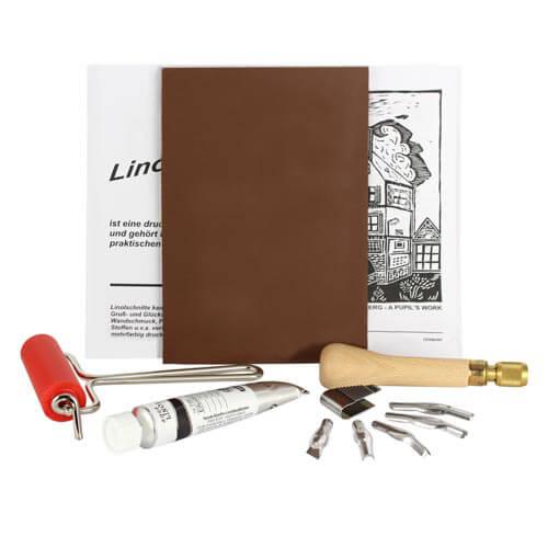 Linolset mit Griff, Linolplatte, Walze, Farbe und Werkzeugen